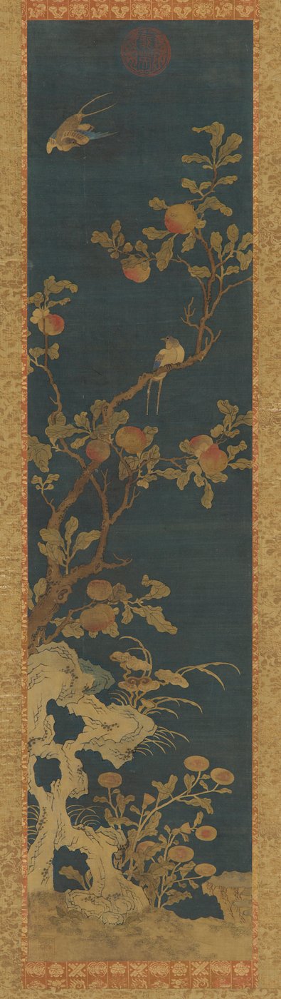Gobeläng: fåglar, persikoträd, stenar och blommor på en blå mark av Unknown artist