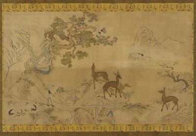 Gobeläng: landskap med rådjur, storkar, tallar och persikoträd av Unknown artist