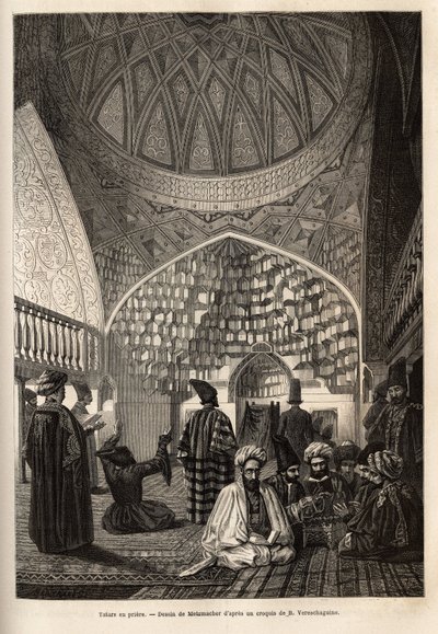 Tatarer i bön, i moskén i Schusha (Transkaukasien, Ryssland). Gravyr för att illustrera resan i provinserna i Kaukasus, av Basile Vereschaguine, 1864-1865, publicerad i "" le tour du monde", under ledning av D