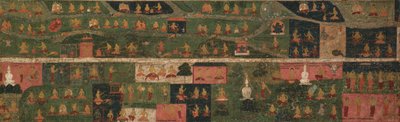 Tempelbanner med pilgrimsfärdsplatser och scener från Svayambhu-purana (urgamla Buddhatexten) av Unknown artist