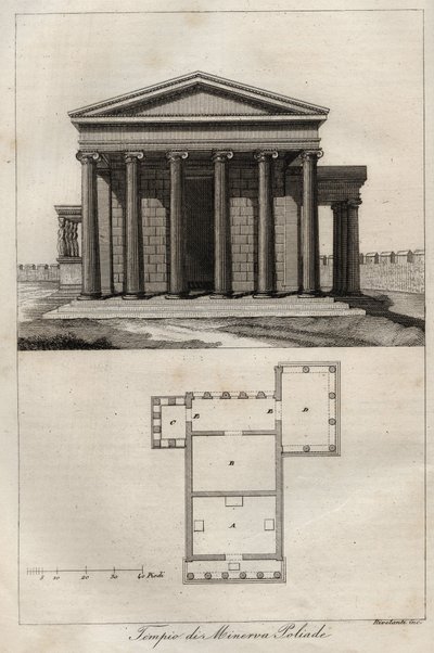 Temple of Athena Polias - Akropolis Aten - (Ancient Temple of Athena) - gravyr från "" Seder och traditioner för alla folk i universum. Det är historien om regeringen, om lagarna, om milisen, om alla nationers religion från de mest avlägsna tider och uppåt av Unknown artist