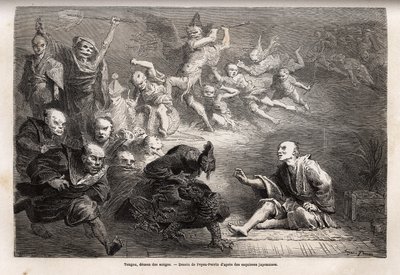 Tengu eller drömmarnas demon, mindre gud för japansk folklore, zoomorph, han tar formen av en korp, utrustad med magiska krafter, det är ett populärt ämne för konst, teater och litteratur i Japan. Gravyr för att illustrera resan till Japan 1863-1864, av Ai av Unknown artist