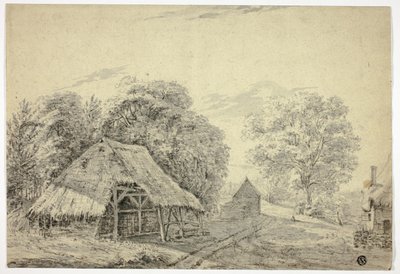 Halmtäckt skjul på gården av Unknown artist
