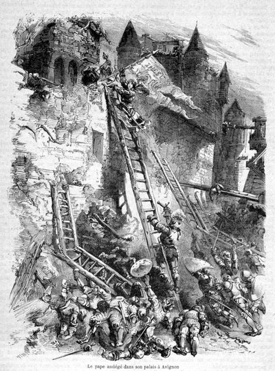 Den (anti-)påven (Benedictus XIII) belägrade i sitt palats i Avignon (av påven Bonifatius IX:s trupp) - i "History of Popes, Kings, Queens, Emperors, Across the Centuries" av Maurice Lachatre av Unknown artist
