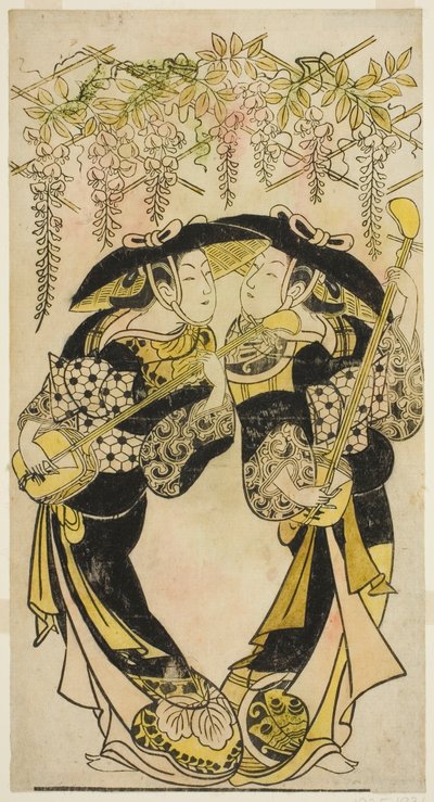 Skådespelarna Sanjo Kantaro (t.h.) och Fujimura Handayu (t.v.) som musiker som spelar under blåregn av Unknown artist