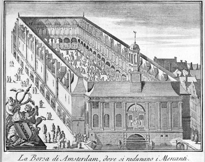 Amsterdambörsen där köpmän samlas. 1700-talsgravyr. av Unknown artist