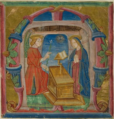 Bebådelsen i ett historiserat initialt "M" från en antifonarie av Unknown artist