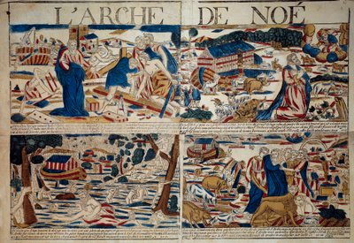The Ark of Noe Konstruktionen av arken, Noe får tillkännagivandet om syndafloden, syndfloden, djurarten som räddades efter syndafloden”” Gravyr av 1700-talets privatsamling av Unknown artist