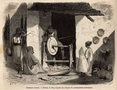 Hantverkaren Turner Kabyle i sin verkstad tillverkar en enorm trälägenhet som används för alla ändamål, hushåll och jordbruk, i Kabylien (Algeriet). Gravyr för att illustrera utflykten till den stora Kabilie, mellan Medelhavet och Djurjura, 186 av Unknown artist