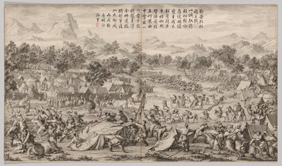 Slaget vid Elei Zhalatu: från Battle Scenes of the Quelling of Rebelling in the Western Regions, with Imperial Poems av Unknown artist