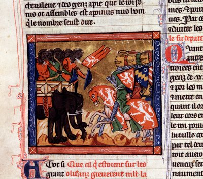 Slaget vid Hydaspes Alexander och Porus strider 327 f.Kr. Alexander den store fortsätter sin erövring mot Indusdalen. År 326 f.Kr. besegrade han Puru (eller Poros, kung av Paurava-stammen på 300-talet f.Kr.) och hans armé av krigselefanter i av Unknown artist