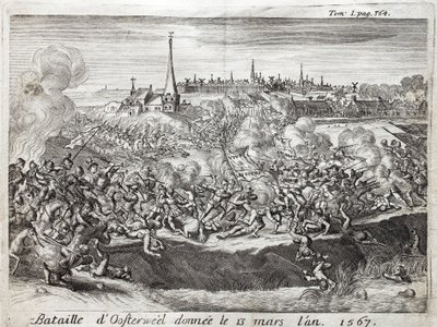 Slaget vid Oosterweel (Nederländerna, Nederländerna), hölls den 13 mars 1567, den första konfrontationen av kriget under åttio (åtti) år (1567-1648). Gravyr för att illustrera "History of the War of Flanders", av Flamianus Strada, upplagan Joseph T