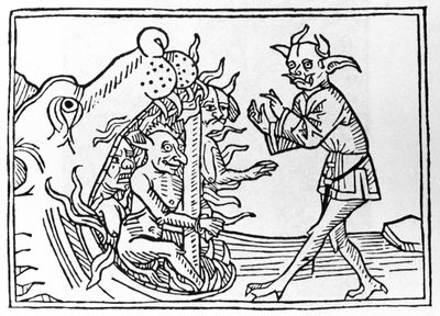 The Belial Proces: "The Belial Demon Returning to the Entrance of the Underworld"" Gravyr från "The Belial Proces" av Jacobus de Teramo (eller Palladino), Ausburg av Unknown artist