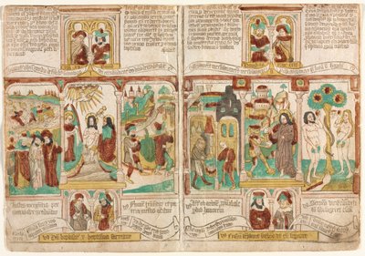De fattigas bibel (Biblia Pauperum), Faraos armé drunknade i Röda havet; Kristi dop; och Moses spioner som återvänder med druvor från Kanaan Esau säljer Jakob sin förstfödslorätt; Kristi frestelse; och Adams och Evas frestelse av Unknown artist