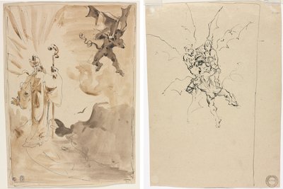Biskopen och demonen (recto); Tre demoner som håller en riddare (verso) av Unknown artist