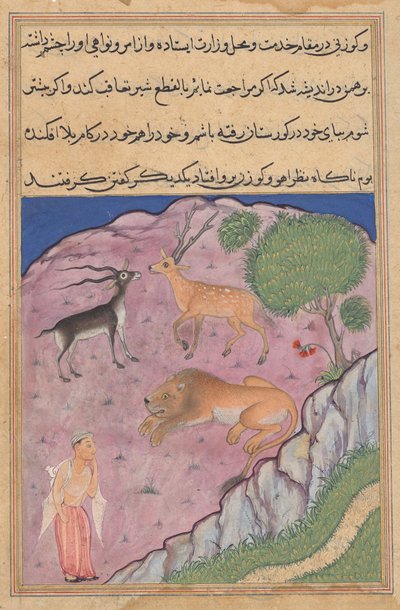 Brahmanen stöter på ett lejon som har en hjort och en gasell som vesirer, från en Tuti-nama (Berättelser om en papegoja): Twenty-first Night av Unknown artist