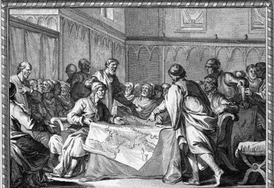 Det karolingiska riket delades upp mellan Ludvig den frommes tre söner: Lothaire I, Ludvig germaner och Karl den skallige, enligt fördraget i Verdun (843). Gravyr av 1700-talet. av Unknown artist