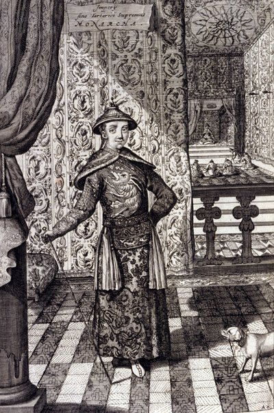 Den kinesiske kejsaren och tatarernas högsta härskare - kinesisk kejsare Kangxi (1652-1722) Qing-dynastin, gravyr av Athanasius Kircher (1601-1680) från "" China Monumentis, qua sacris qua profanis""" 1667 - kinesiska kejsaren (1652xi) -1722) Qingdynastin, av Unknown artist
