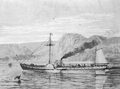 The Clermont, en båt byggd 1807 av Robert Fulton (1765 - 1815) för att tillhandahålla förbindelsen mellan New York och Albany på Hudsonfloden. Gravyr 1800-talet. av Unknown artist