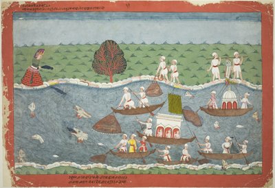 Demonen Sambar kastar spädbarnet Pradyumna i floden, sida från ett utspritt Bhagavata Purana-manuskript av Unknown artist