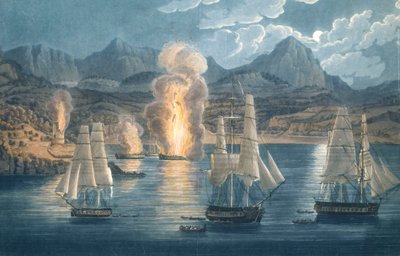Engelsmännen förstör franska fartyg i Sagone-bukten på Korsika den 30 april 1811 (kolorerad akvatint) av Unknown artist