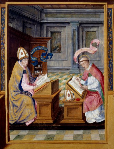 The Eveque of Jerusalem Saint Cyril (315-386) och Saint Augustine (354-430) Miniatyr på pergament från 1500-talet. Ecouen, National Renaissance Museum av Unknown artist