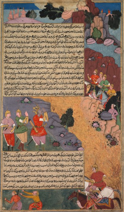 Den vita hästens första äventyr, sida från Khan Khanans Razm Nama (Krigsbok) av Unknown artist