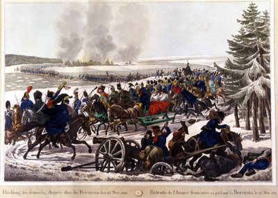 De franska trupperna drog sig tillbaka genom att passera Beresina (Berezina) den 26/11/1812. Gravyr av 1800-talet. av Unknown artist