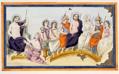 Olympus gudar och till vänster Thetis, Akilles mor, står på knä mot Zeus (Jupiter) för att tigga honom att hjälpa sin son mot Agamemnon och att stödja trojanerna. L