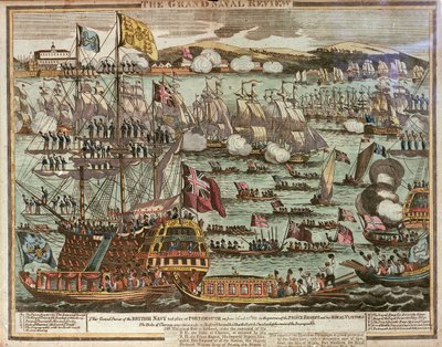 Den stora genomgången av flottan. Denna stora genomgång av den brittiska flottan ägde rum i Portsmouth den 24 och 25 juni 1814 i närvaro av prinsregenten och hans kungliga gäster, ca 1814 (färgad etsning) av Unknown artist