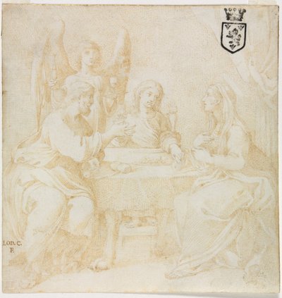 Den heliga familjen vid bordet serveras av en ängel av Unknown artist