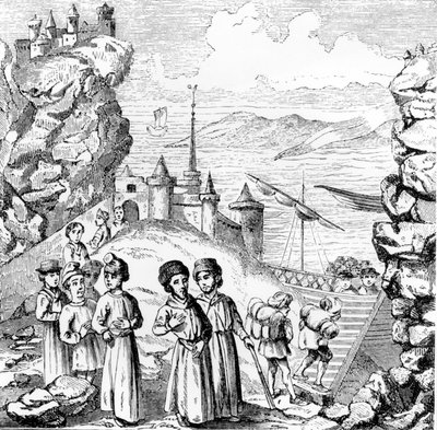 Judarna jagade från Spanien. Reproduktion av en gravyr från början av 1600-talet. av Unknown artist