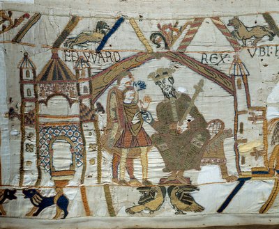Kungen av England Edward the Confessor instruerar Harold att gå och bekräfta för hertigen av Normandie Vilhelm Erövraren (1027-1087) att han kommer att bli hans efterträdare till Englands tron. Detail of the Tapestry of Bayeux eller Brodery of Queen Mathil av Unknown artist