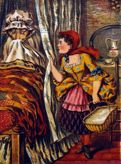 Den lilla rödluvan. Saga av Charles Perrault (1697). Anonym illustration av Unknown artist