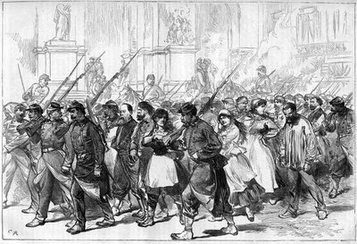 Pariskommunen 1871. Convoy of Federes (communards) tillfångatagen och passerade Place de l