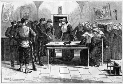 Pariskommunen 1871. Genomsökning av federes (communards) i ett hus ockuperat av nunnor (Little Sisters of the Poor), beläget på Rue de Sevres. Förbundet, efter att ha upptäckt pengarna från nunnorgemenskapen, lägger tillbaka pengarna i lådan och återvänder av Unknown artist