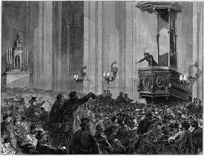 Pariskommunen 1871. S:t Eustatius kyrkklubb. Kyrkorna ombads av förbunden på kvällen att hålla möten och debatter. Dessa klubbar hade ett trefaldigt syfte: utbildning, information och uttryck. av Unknown artist