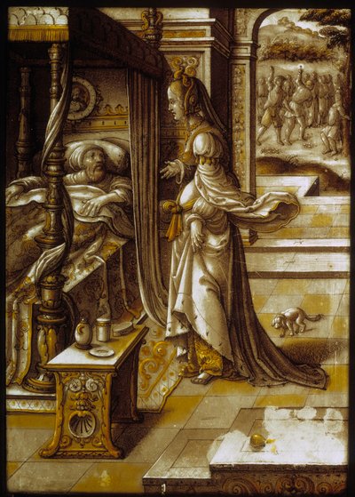 Den feniciska prinsessan Jezebel lovar sin gifte Ahab (Ahab), som är upprörd över att inte skaffa Nabots vingård, att få den till henne. Målat glas från 1500-talet. Paris, Louvren av Unknown artist
