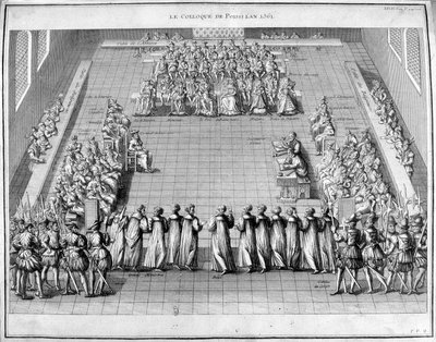 Poissi Colloquium (Poissy) 1561. I centrum kungen av Frankrike Karl IX (1550-1574) och drottningmodern Catherine de Medicis (Caterina de Medici) (1519-1589). av Unknown artist