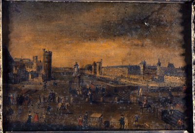 Pont-Neuf, sett från ingången till Place Dauphine, Hôtel de Nevers, Tour de Nesle, Grande Galerie med Porte Neuve och Louvren, ca 1640, nuvarande 1:a och 6:e arrondissementet, mellan 1635 och 1645 (olja på duk) av Unknown artist