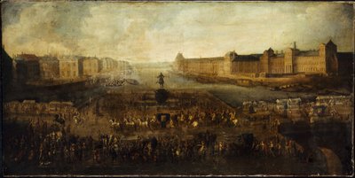Pont-Neuf, sett från ingången till Place Dauphine, Quai Malaquais med Collège des Quatres-Nations, Grande Galerie och Louvren, ca 1665 av Unknown artist