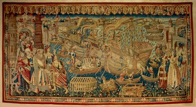 Den portugisiske navigatören Vasco de Gama (1459-1524) anlände till Calicut (Kozhikode) i Indien 1498. Gobeläng. Lissabon av Unknown artist