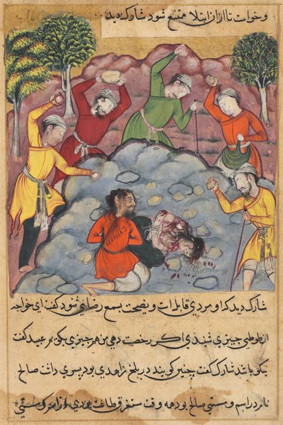 Rajas dotter och hennes älskare stenade till döds för äktenskapsbrott, från en Tuti-nama (Berättelser om en papegoja): Forty-Second Night av Unknown artist