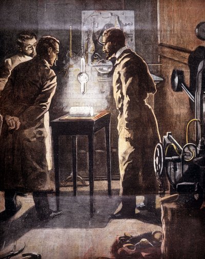 Röntgen (Rontgen) eller röntgenstrålar. Upptäckt 1895. Illustration som representerar experimentet. av Unknown artist