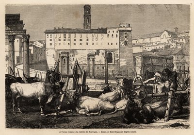 Forum Romanum har arrenden av foder, oxarna ligger mitt bland kärror och forntida ruiner. Engravure pour illustrrer le voyage à Rome, av Francis Wey, 1864-1868, publicerad i "" Le tour du monde""" 1869, redigerad av Edouard Charton, upplaga Hachette, av Unknown artist
