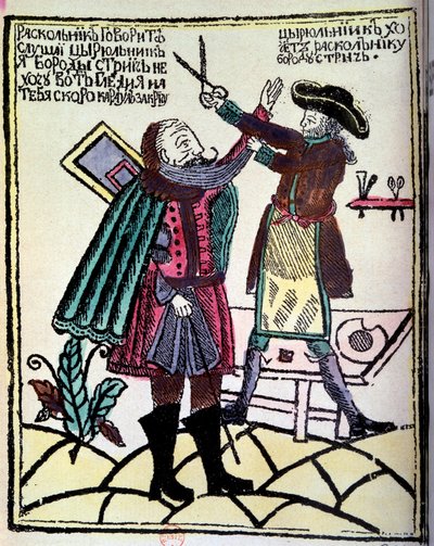 Den ryske tsaren Peter I den store (1672-1725) förkunnade en reform 1722 som krävde att man klippte skägget. Gravyr av 1700-talets Paris, B.N. av Unknown artist