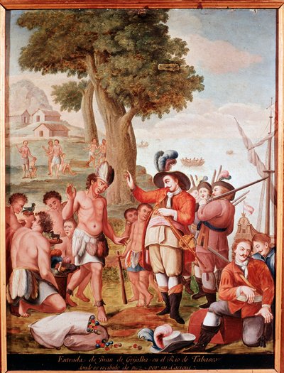 Den spanske conquistadoren Juan de Grijalva (1489-1527) landar i Tabasco, Mexiko 1518. Anonym målning från 1700-talet. Madrid, Amerikas museum av Unknown artist