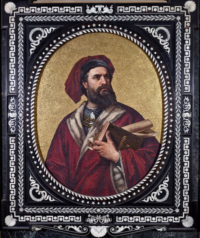 Den venetianske upptäcktsresanden Marco Polo håller verket "The Book of Wonders" under armen och återger sina resor av Unknown artist