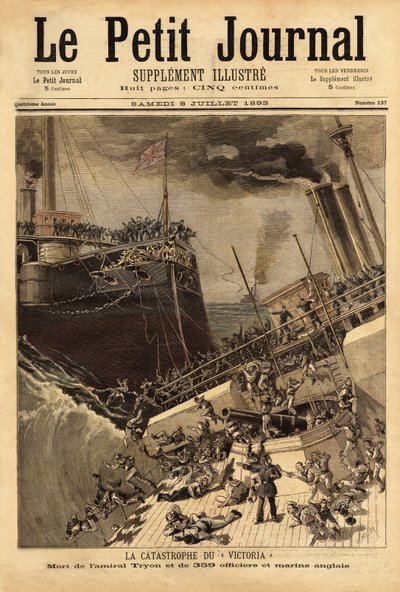 Slagskeppet Victoria sjunker utanför den syriska kusten, sporrat av skeppet Camperdown. Gravyr i "" Le petit journal"" 1893-07-08. Selvas samling. av Unknown artist