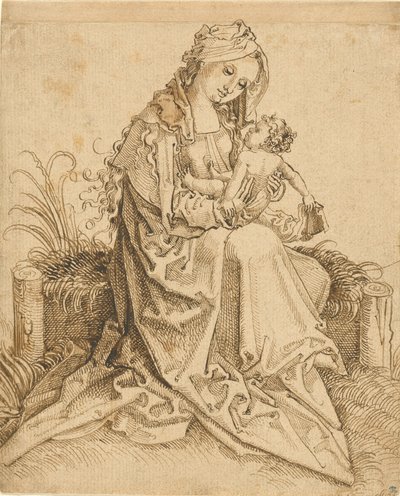 Jungfru Maria med barnet på en gräsbevuxen bänk av Unknown artist